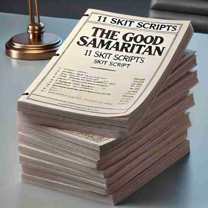 Stack of printed "The Good Samaritan" skit scripts on a table, next to a lamp.