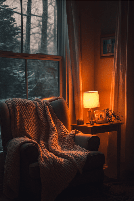 Poltrona aconchegante com um cobertor, banhada pela luz quente de uma lâmpada, ao lado de uma janela com vista para a neve em uma sala pouco iluminada. Nesse canto sereno, o ambiente sussurra que a alegria do Senhor é a minha força.