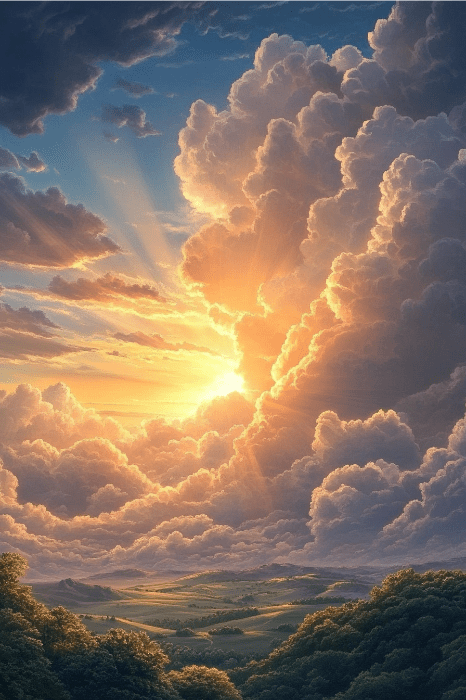 O pôr do sol pinta as nuvens em dourado sobre uma paisagem exuberante e ondulante com árvores e campos, ecoando a alegria do Senhor como minha força.