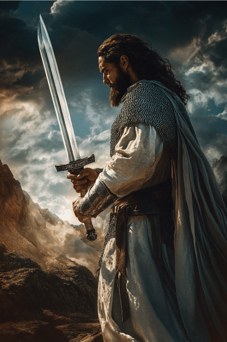 Um guerreiro barbudo em uma armadura, segurando sua espada, permanece firme em um cenário dramático de montanhas nubladas - símbolo de força e fé, semelhante a temas encontrados em séries de sermões inspiradores da igreja.