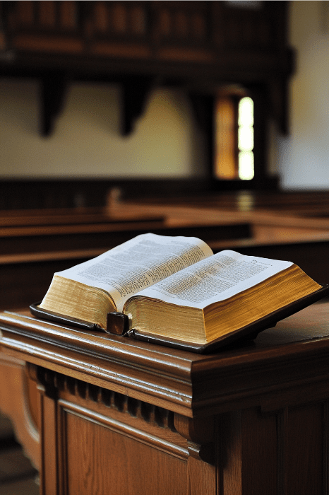 An open book on a wooden lectern stands prominently in the warmly lit, empty church interior, ready to inspire an expository sermon series.