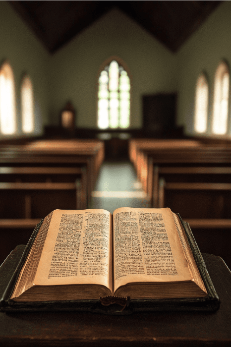 Open Bible on a lectern in an empty church, poised for an expository sermon series, with wooden pews and arched windows bathed in soft light.