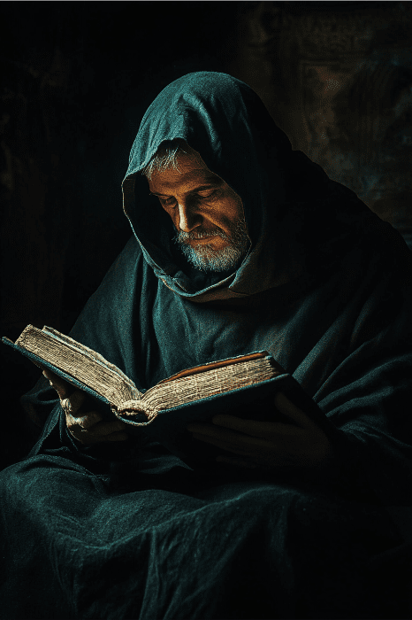 Um homem com uma túnica encapuzada se debruça sobre um livro antigo, criando uma atmosfera misteriosa que lembra o desenvolvimento de ideias de séries de sermões da igreja sob a luz fraca.