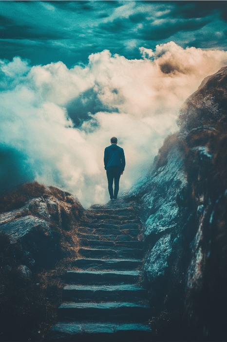 A person strolls along a stone path, enveloped by clouds and mountains under a moody sky, reminiscent of solitude often found in sermons for church anniversaries.