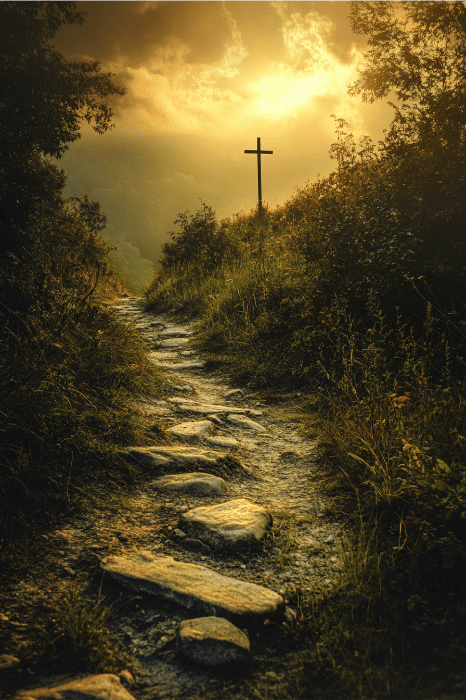 A stone path guides you to a cross on the hill, where sermons for church anniversaries might echo under a glowing sunset, with trees gracefully lining the way.