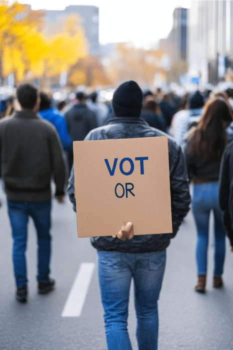 Na movimentada rua da cidade, em meio a um mar de pessoas, está um indivíduo segurando uma placa de papelão onde se lê "VOTE OU". Como se ecoasse os esforços de divulgação vistos nas igrejas próximas, a mensagem sutilmente pede união e ação na vibrante paisagem urbana.