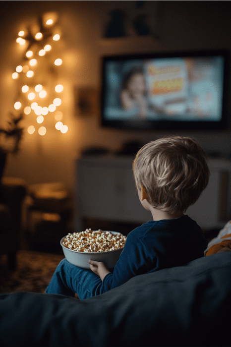 Uma criança com pipoca é cativada pela TV em uma sala aconchegante e pouco iluminada, onde luzes de fadas brilham suavemente ao fundo, lembrando reuniões festivas e evangelismo para igrejas.