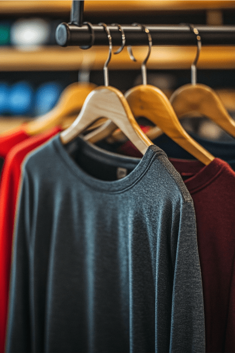 Várias camisas em cabides de madeira são exibidas em um cabideiro, com as cores cinza, vermelha e azul. Perfeitas para doação ou para equipar os voluntários durante as campanhas da igreja, essas camisas combinam estilo e propósito.