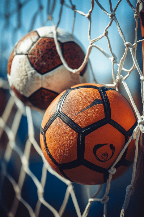 Duas bolas de futebol, uma laranja e uma marrom, repousam em uma rede sob a luz do sol - um cenário perfeito para atividades ao ar livre para igrejas que visam reunir a comunidade por meio de esportes e companheirismo.