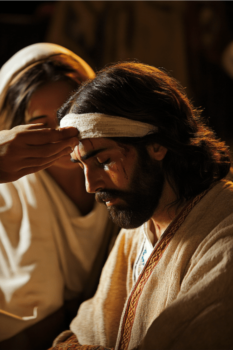 Em um ambiente quente e pouco iluminado, uma pessoa em trajes antigos está sendo ungida na testa, parecendo contemplativa - como se estivesse ponderando ideias profundas para uma série de sermões.