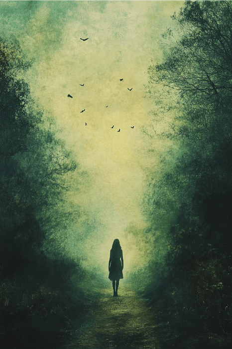 Silhueta de uma pessoa caminhando por uma trilha enevoada cercada por árvores, com pássaros voando no céu - uma cena tão serena e contemplativa quanto a escolha de ideias para a série de sermões da igreja.