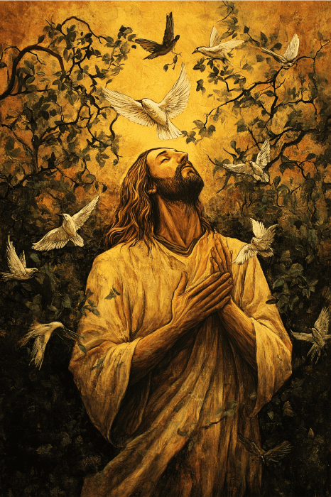 Essa pintura captura lindamente uma figura serena em vestes, cercada por pombas brancas sob um céu dourado, evocando temas perfeitos para ideias de séries de sermões para igrejas, com ramos delicados emoldurando a cena tranquila.