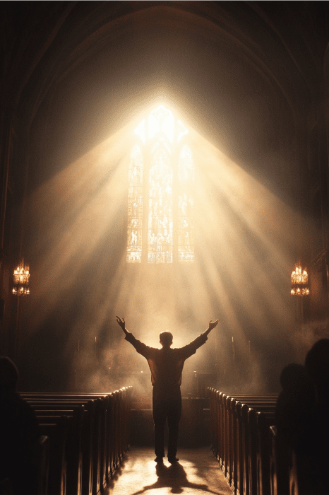 Uma pessoa está de pé no corredor de uma igreja, com os braços erguidos em reverência, iluminada pela luz do sol que passa por um vitral. Esse momento capta a inspiração para nossa mais recente série de ideias para sermões de igreja, onde a luz divina encontra o espírito humano.