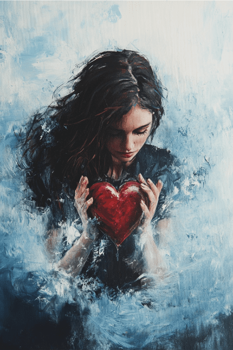 Uma pintura cativante de uma mulher segurando um coração vermelho, envolta em pinceladas azuis e brancas, oferecendo inspiração para ideias de séries de sermões para igrejas que exploram temas de amor e espiritualidade.