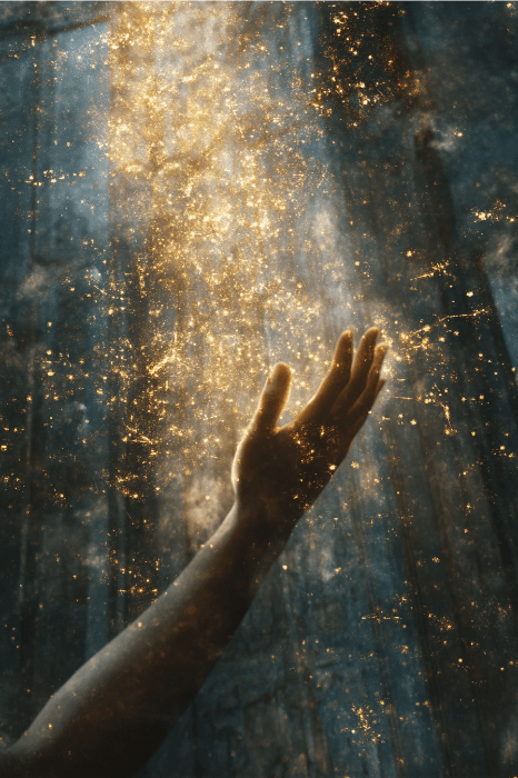 A hand reaching out towards golden glittering particles against a dark background, evoking a sense of hope and inspiration, much like discovering New Year sermon ideas that illuminate new beginnings.