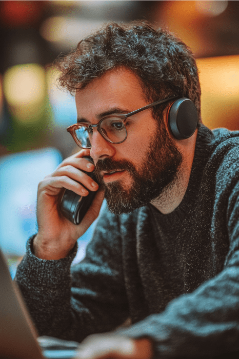 Um homem com óculos e fones de ouvido discute sobre o alcance de igrejas ao telefone enquanto se concentra na tela do laptop.