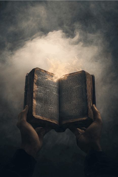 Hands holding an open book, emitting glowing light and smoke, evoke the mystery of bible verses on breaking strongholds against a dark, enigmatic background.