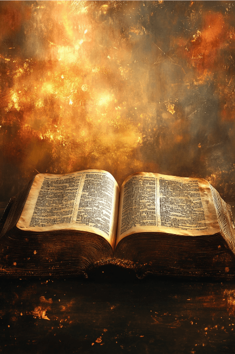 An ancient book lies open, its pages alive with fiery, glowing embers, creating a dramatic and mystical atmosphere. Bible verses on breaking strongholds emerge from the text, adding a sense of divine power to the enchanting scene.