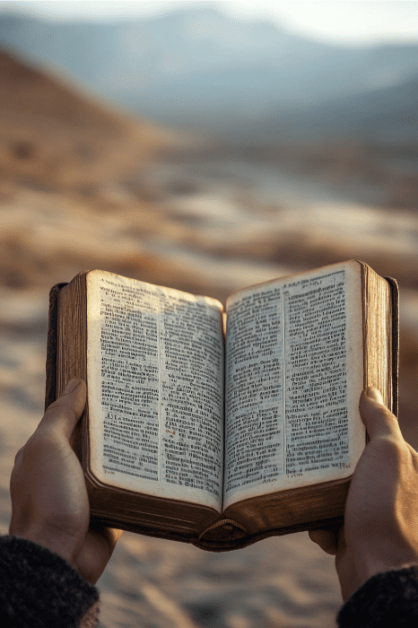 Hands holding an open book with text, revealing bible verses on breaking strongholds, set against a serene desert landscape.