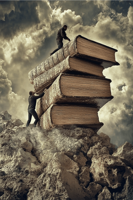 Two people climb and push a towering stack of giant books against a cloudy sky, embodying the struggle found in bible verses on breaking strongholds.