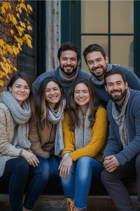 A group of six people, smiling and wearing cozy sweaters and scarves, sits outdoors in front of a building adorned with autumn leaves. They radiate warmth and camaraderie, embodying the spirit of shared moments often found during fulfilling church volunteer ideas.
