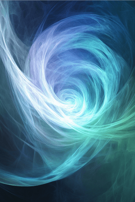 Padrão fractal abstrato azul e verde em espiral com linhas luminosas e fluidas que criam um efeito de vórtice, evocando o poder sereno da Alegria do Senhor é a Minha Força.