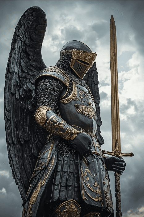 Em meio ao céu nublado, uma estátua de uma figura blindada com asas segura uma espada dourada, lembrando os temas valorosos frequentemente explorados nas séries de sermões da igreja.