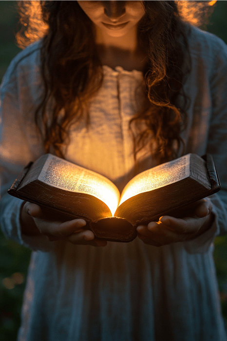 Uma mulher segura um livro aberto que brilha com luz, iluminando seu rosto em um ambiente escuro, como se estivesse descobrindo novas ideias para uma série de sermões.