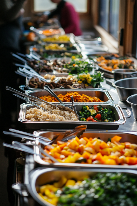 Uma mesa de bufê é elegantemente posta com bandejas de legumes, arroz e saladas, acompanhadas de colheres para servir. Ideal para reuniões da comunidade ou reuniões da igreja, ela oferece um convite caloroso para compartilhar alimentos e comunhão.