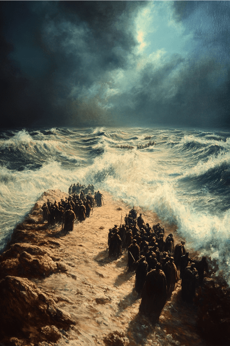 Um grupo de pessoas caminhando em um mar dividido, que lembra as histórias bíblicas sobre fé, é cercado por ondas turbulentas sob um céu tempestuoso.