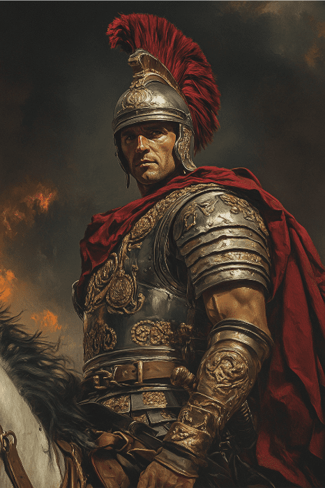Um soldado romano com uma armadura ornamentada e um capacete de plumas vermelhas, segurando uma espada em um cenário dramático e ardente, incorpora a força e a determinação que lembram as histórias bíblicas sobre fé.