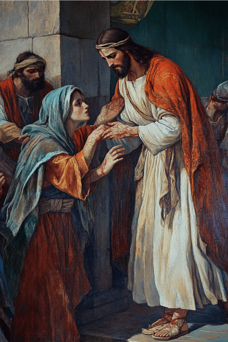Nessa comovente história bíblica sobre fé, uma mulher estende a mão para tocar a roupa de Jesus em busca de cura, enquanto outros observam ao fundo.