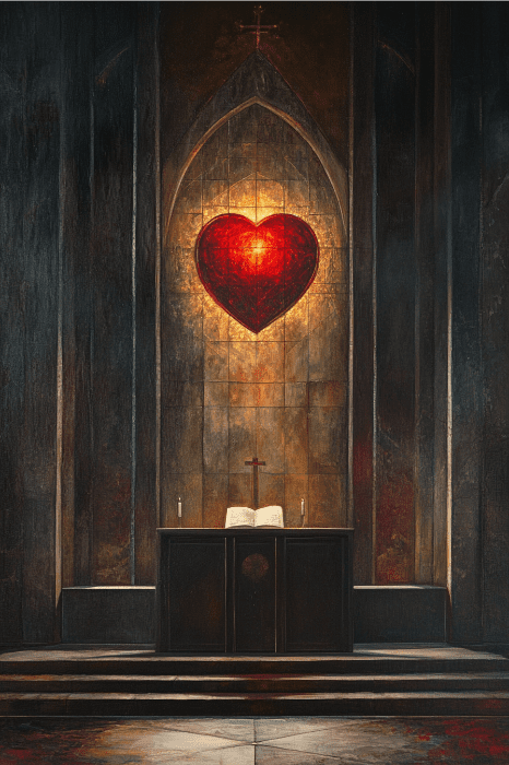 No interior de uma igreja pouco iluminada, um vitral em forma de coração lança reflexos coloridos sobre um altar e um livro aberto, criando o cenário perfeito para ideias inspiradoras de séries de sermões para igrejas.