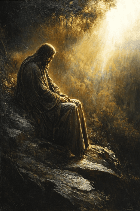 A serene figure in robes sits on a rocky ledge bathed in golden light streaming from above, embodying the tranquility and contemplation often sought during a Christmas sermon series.