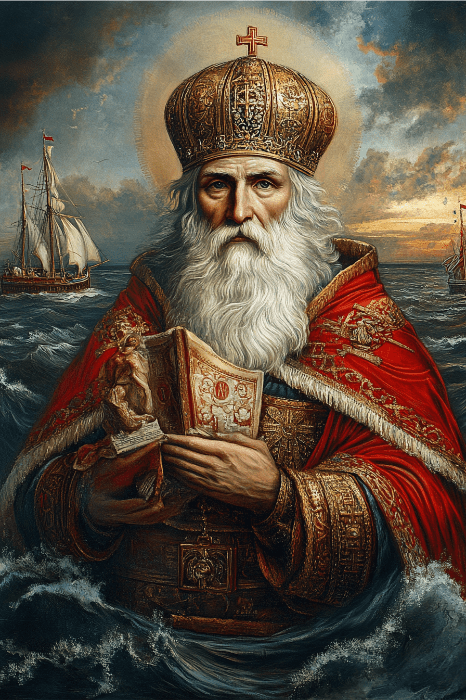 Um santo barbudo em vestes ornamentadas, como uma figura de um jogo de esquerda-direita para reuniões da igreja, segura um livro enquanto está no mar, com navios à deriva graciosamente ao fundo.