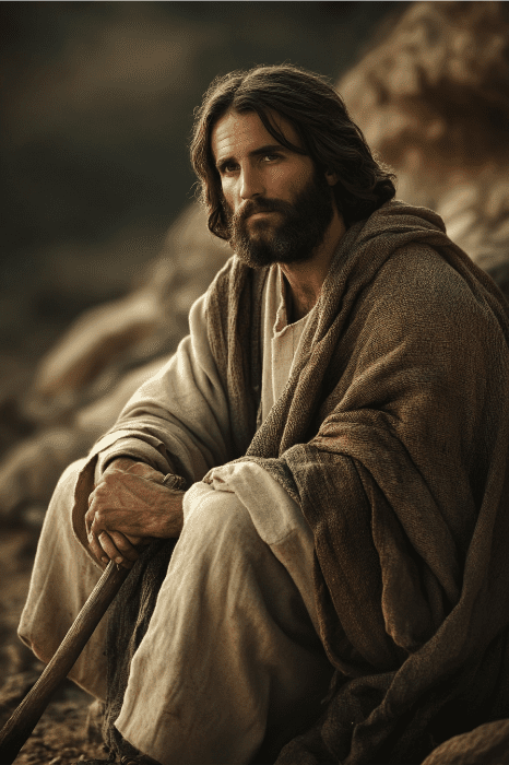 Um homem de túnica, com barba e cabelos longos, senta-se ao ar livre com um cajado, incorporando o espírito contemplativo de uma ideia atemporal de série de sermões da Igreja.