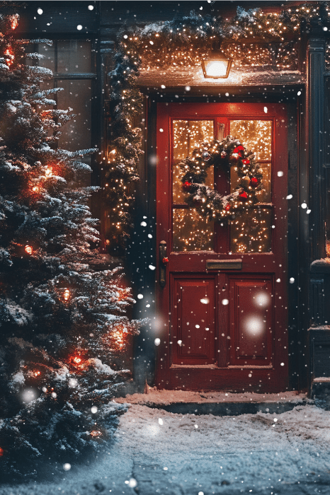 A porta de entrada decorada com uma coroa de neve e luzes, ao lado de uma árvore de Natal iluminada à noite, cria o cenário festivo perfeito para jogos de direita-esquerda durante as comemorações de fim de ano da Igreja.