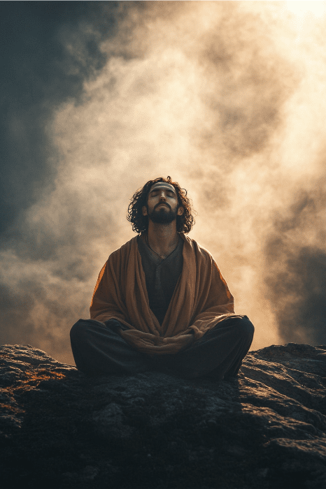 Uma pessoa medita em uma rocha, envolta por nuvens enevoadas ao fundo, vestindo uma túnica marrom. Essa cena serena pode inspirar ideias de séries de sermões que explorem a tranquilidade e a atenção plena em meio à névoa da vida.