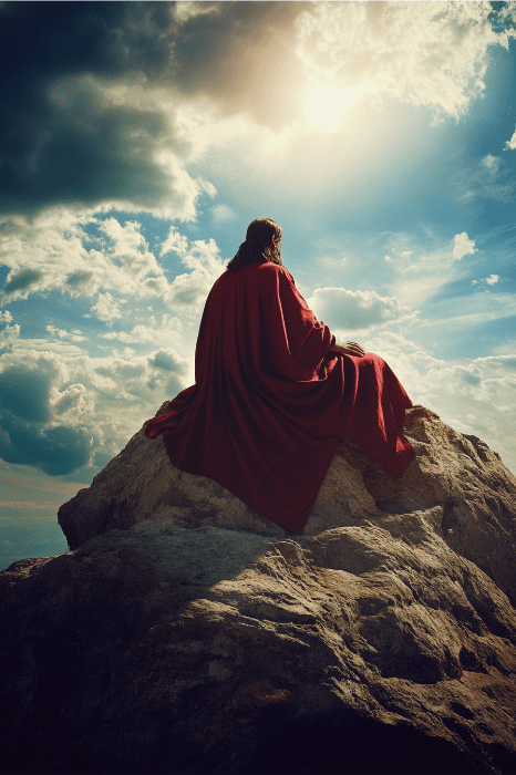 Uma pessoa envolta em um manto vermelho senta-se em uma rocha sob um céu nublado e dramático, com a luz do sol rompendo - uma cena que lembra ideias inspiradoras de séries de sermões.
