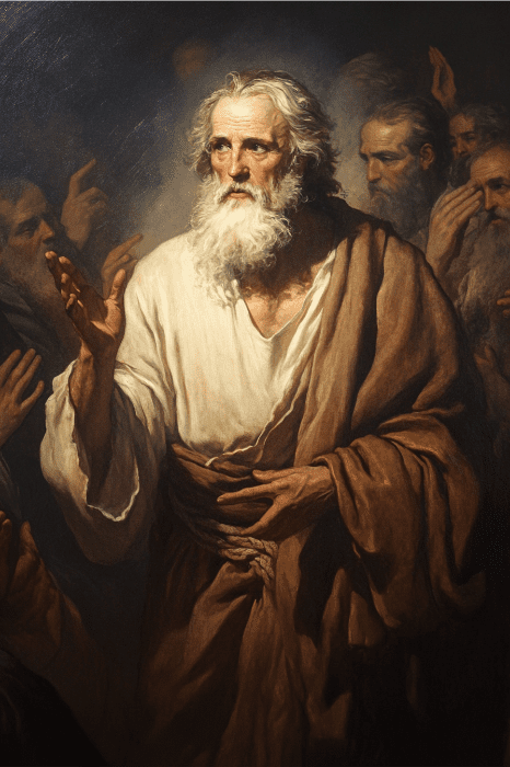 Um homem barbudo em um manto gesticula com paixão, cercado por outros homens, dando vida a uma pintura dramática inspirada em histórias bíblicas sobre fé.