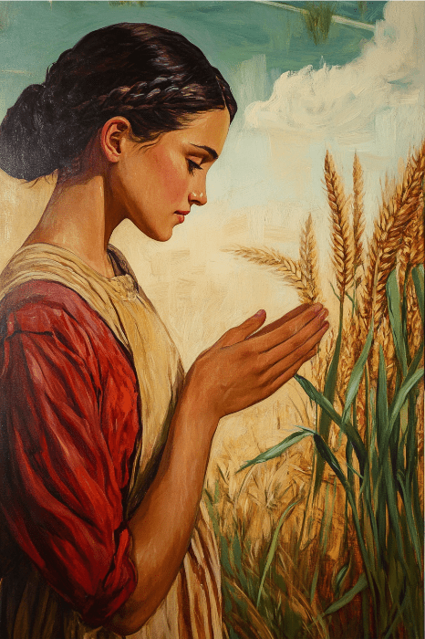 Uma mulher em trajes rústicos está ao lado do trigo dourado, olhando contemplativamente com as mãos gentilmente entrelaçadas, incorporando uma graça atemporal que lembra as histórias bíblicas sobre fé.