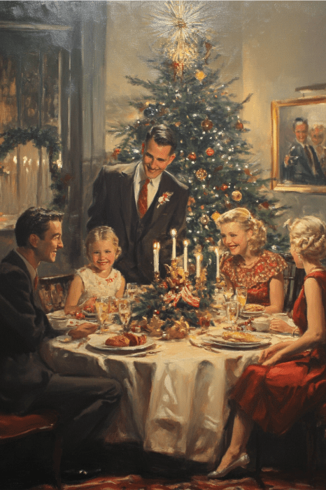 Uma família se reúne em torno de uma mesa de jantar festiva, trocando risadas e histórias de Left Right Games, com uma árvore de Natal decorada brilhando ao fundo.