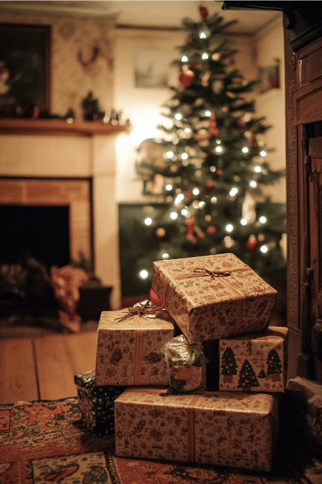 Sala aconchegante com uma árvore de Natal iluminada e presentes decorados empilhados ao lado de uma lareira aconchegante e convidativa, perfeita para desfrutar de jogos de esquerda e direita depois da igreja.