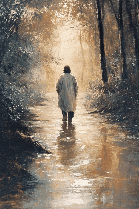 Uma pessoa de casaco passeia por um caminho iluminado pelo sol e ladeado por árvores, contemplando ideias de séries de sermões para a igreja, cercada por uma luz suave e de tons quentes.