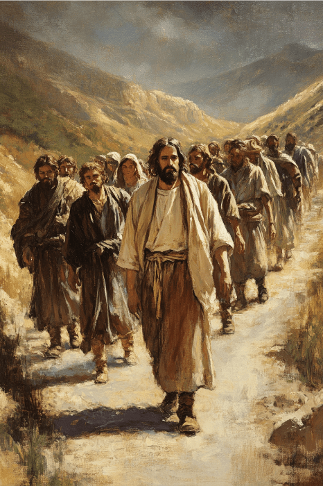 Um grupo de pessoas com vestes, talvez em uma viagem para discutir Ideias para Séries de Sermões da Igreja, caminha por uma trilha de terra em uma área montanhosa sob um céu nublado.