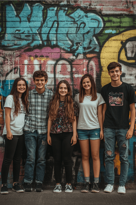 Five smiling teenagers stand in front of a colorful graffiti wall, embodying the spirit of community as they pose casually together, perhaps brainstorming new church volunteer ideas.