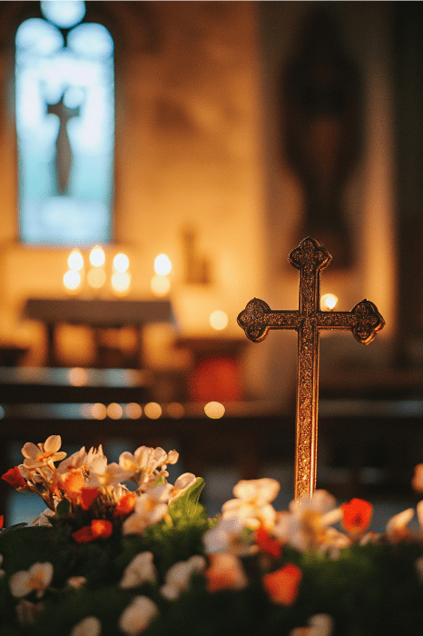 Em uma igreja pouco iluminada, uma cruz dourada adornada com flores se ergue graciosamente, com velas brilhando suavemente ao fundo - um cenário perfeito para refletir sobre as ideias da Série de Sermões de Páscoa.