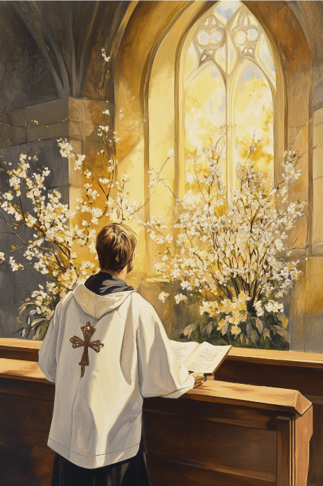 Uma pessoa vestida com uma túnica religiosa está em um altar, lendo atentamente em meio a flores brancas, enquanto a luz do sol atravessa um vitral, capturando a essência das ideias para a série de sermões da Páscoa.