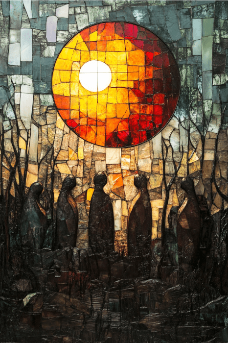A arte do vitral captura lindamente figuras sob um sol laranja e vermelho vibrante, oferecendo inspiração para uma série de sermões de Páscoa.