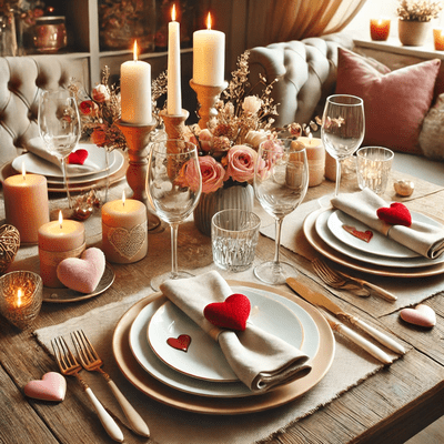 Valentine's Day romantic table setting with candles, flowers, and heart decorations, featuring elegant dishware and glasses.